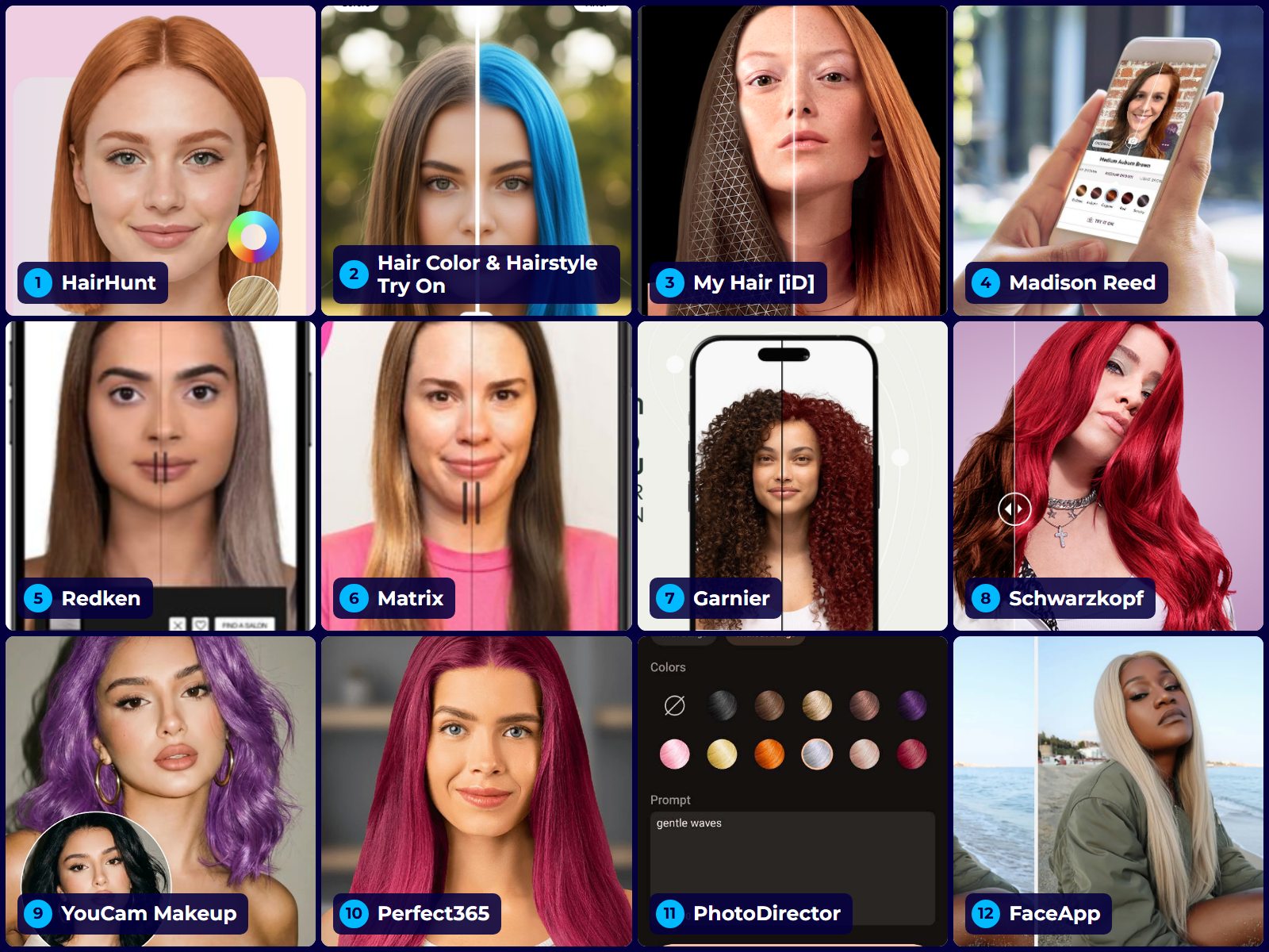 Collage of the 12 hair color try-on apps reviewed: HairHunt, Hair Color & Hairstyle Try On, My Hair iD, Madison Reed, Redken, Matrix, Garnier, Schwarzkopf, YouCam Makeup, Perfect365, PhotoDirector and FaceApp