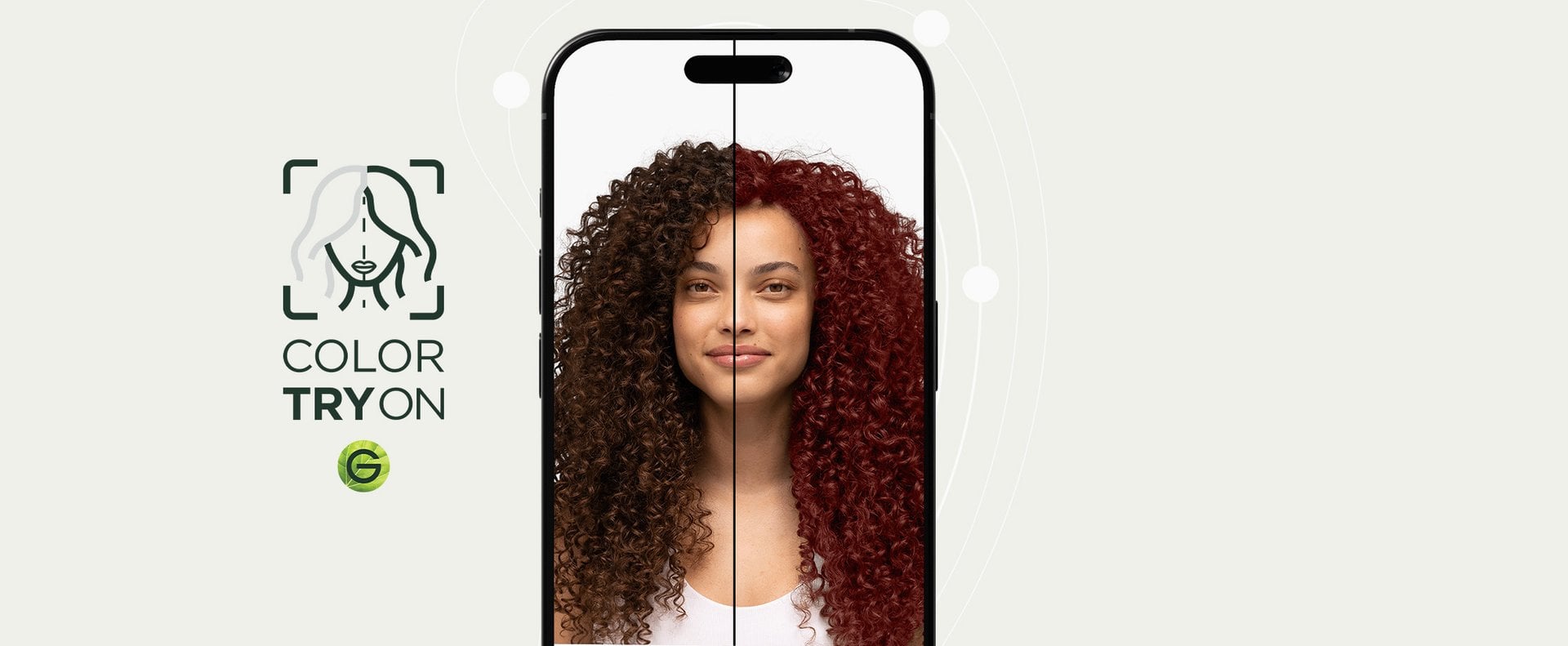Garnier Color Try On showing a split-screen preview of curly brunette hair and a vivid red shade on a phone