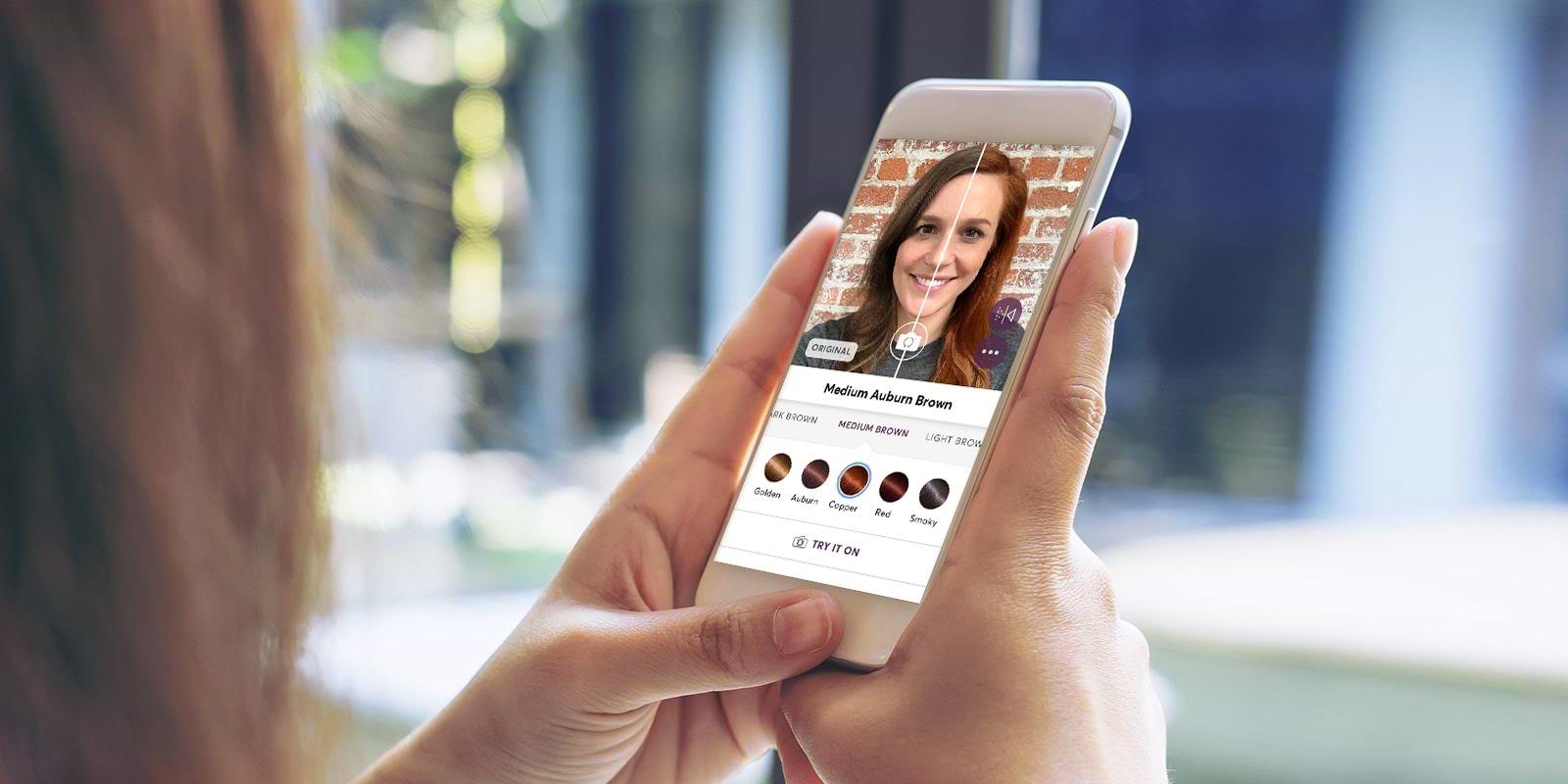 Madison Reed Hair Color Changer on a phone showing the split-screen slider between the original hair color and Medium Auburn Brown