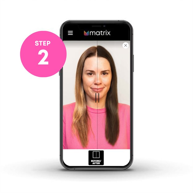 Matrix virtual try-on on a phone showing a before and after split between light brown and dark brown hair