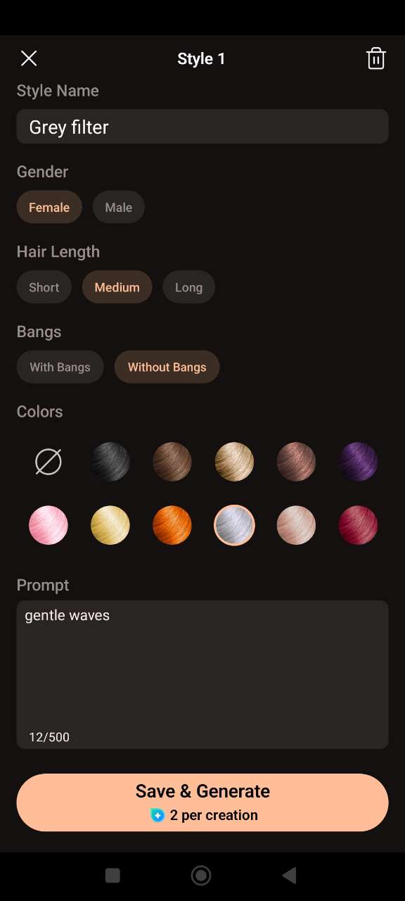 PhotoDirector AI Hairstyle custom style screen with hair color swatches and a text prompt field